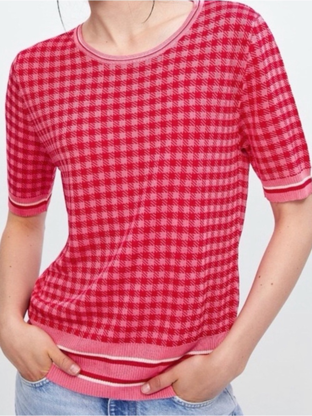 Zara Pink Gingham Short Sleeve Knit Sz S